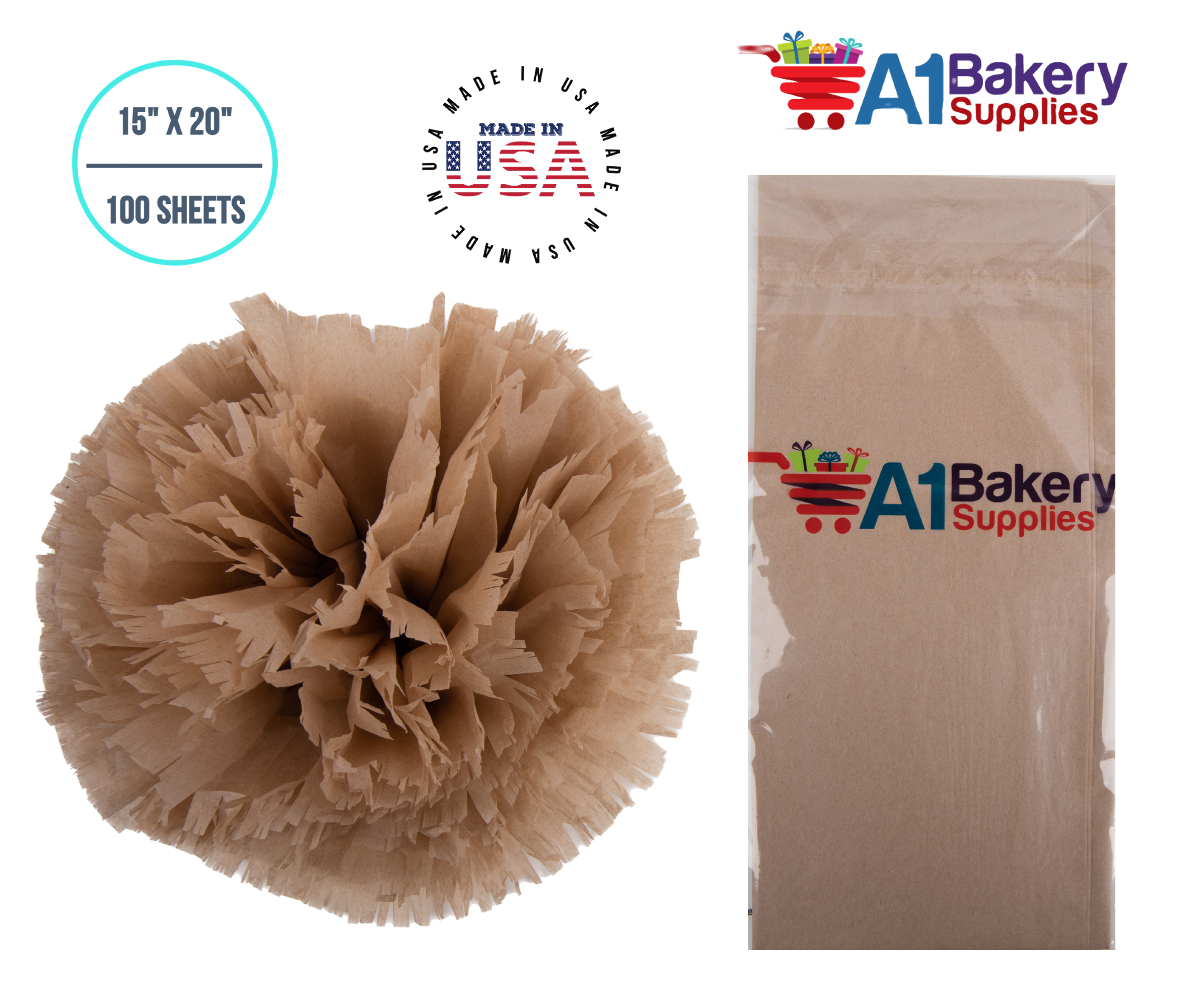A1bakerysupplies High Quality Gift Wrap Color Tissue Paper - Preimum Quality Paper Made in USA 15 x 20 Inches - 100 Sheets per Pack (Solid Kraft)